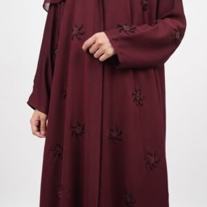 Maroon premium abaya with black floral bead embroidery and matching hijab, Azmira Collection