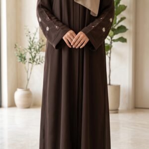Chocolate brown abaya with delicate floral embroidery on the sleeves and matching beige hijab | Azmira Collection