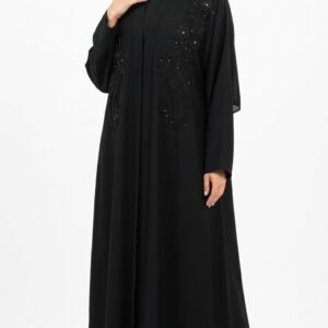 Black abaya with elegant floral embroidery on the front, paired with a matching black hijab | Azmira Collection