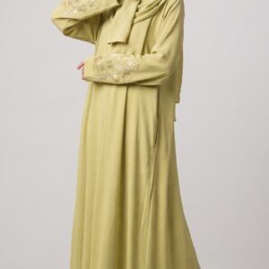 Pista green embroidered abaya with matching niqab and delicate floral embroidery on the sleeves | Azmira Collection