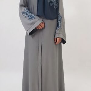 Grey abaya with navy blue floral embroidery on the sleeves and matching navy blue hijab | Azmira Collection