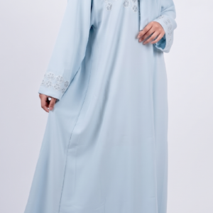 Powder blue embroidered abaya with matching hijab and white floral detailing | Azmira Collection