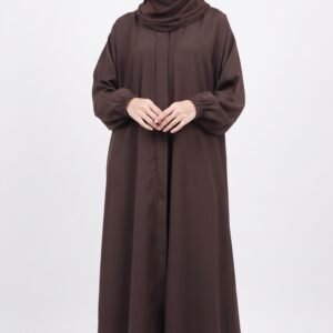 Dark chocolate brown abaya with matching hijab and elegant gathered sleeve cuffs | Azmira Collection